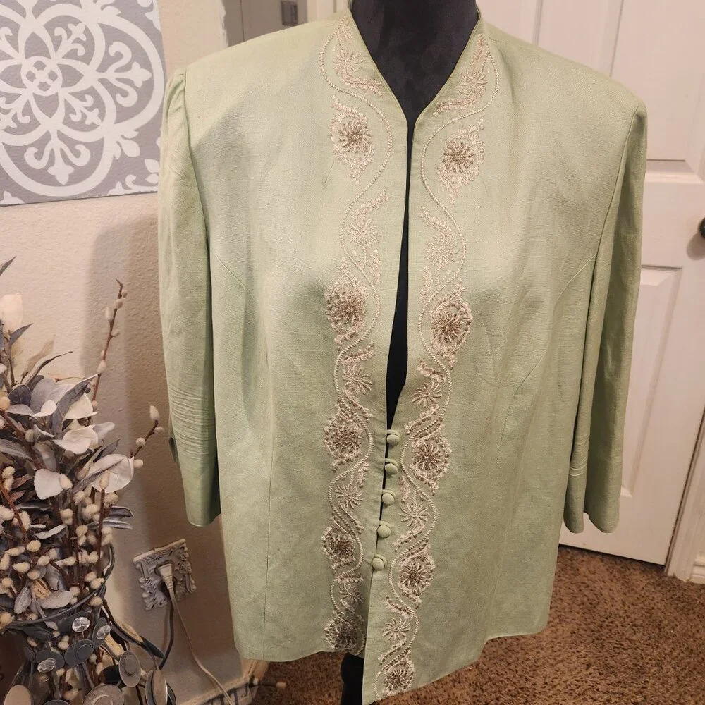 Beautiful Lime Green Jessica Howard Woman Embroidered Linen Blend Jacket Size 16 - Picture 11 of 14